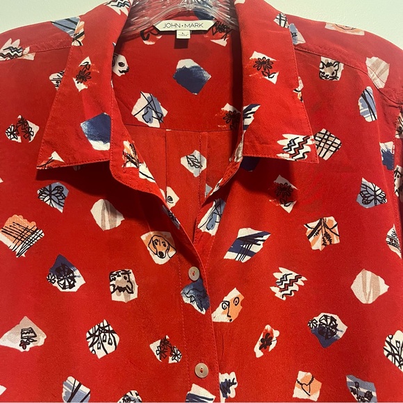 Anthropologie John Mark Silk Dog Print Tunic Playful Artistic Button Front Top - Picture 6 of 13